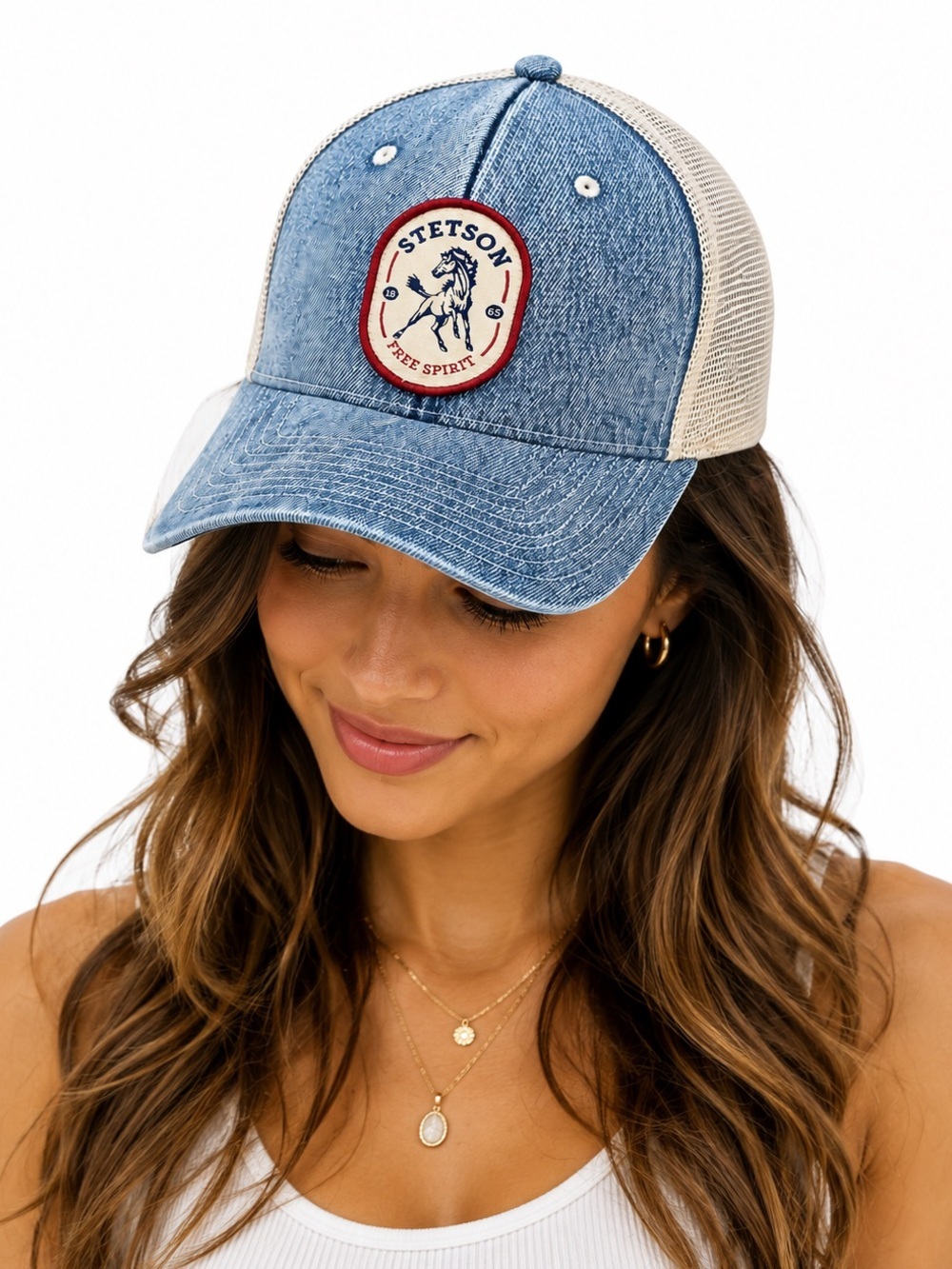 Stetson Free Spirit Trucker Hat denim mesh back embroidered wild horse farm